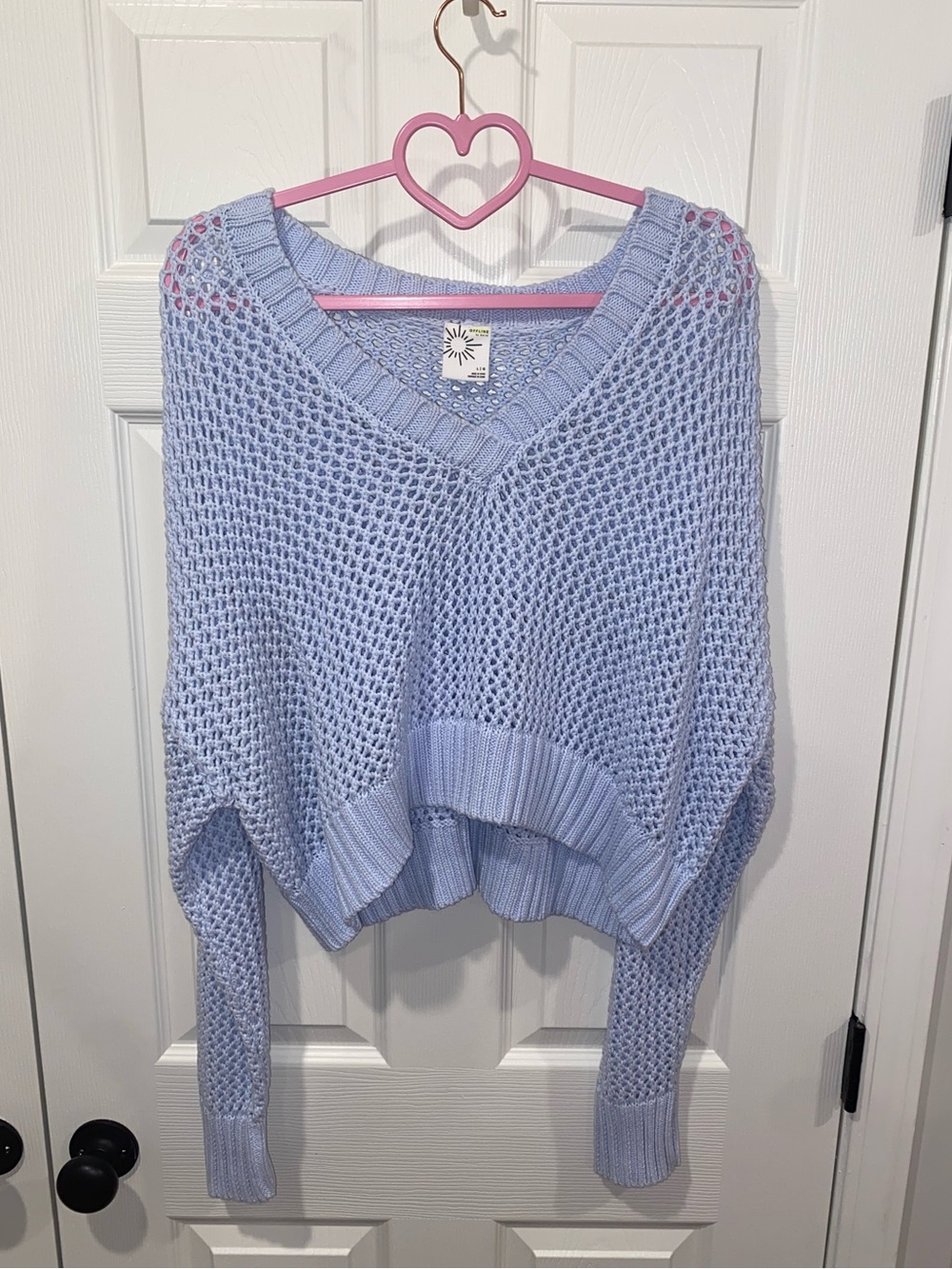 Offline by aerie Light Blue Cropped Open-Knit V-Neck Sweater